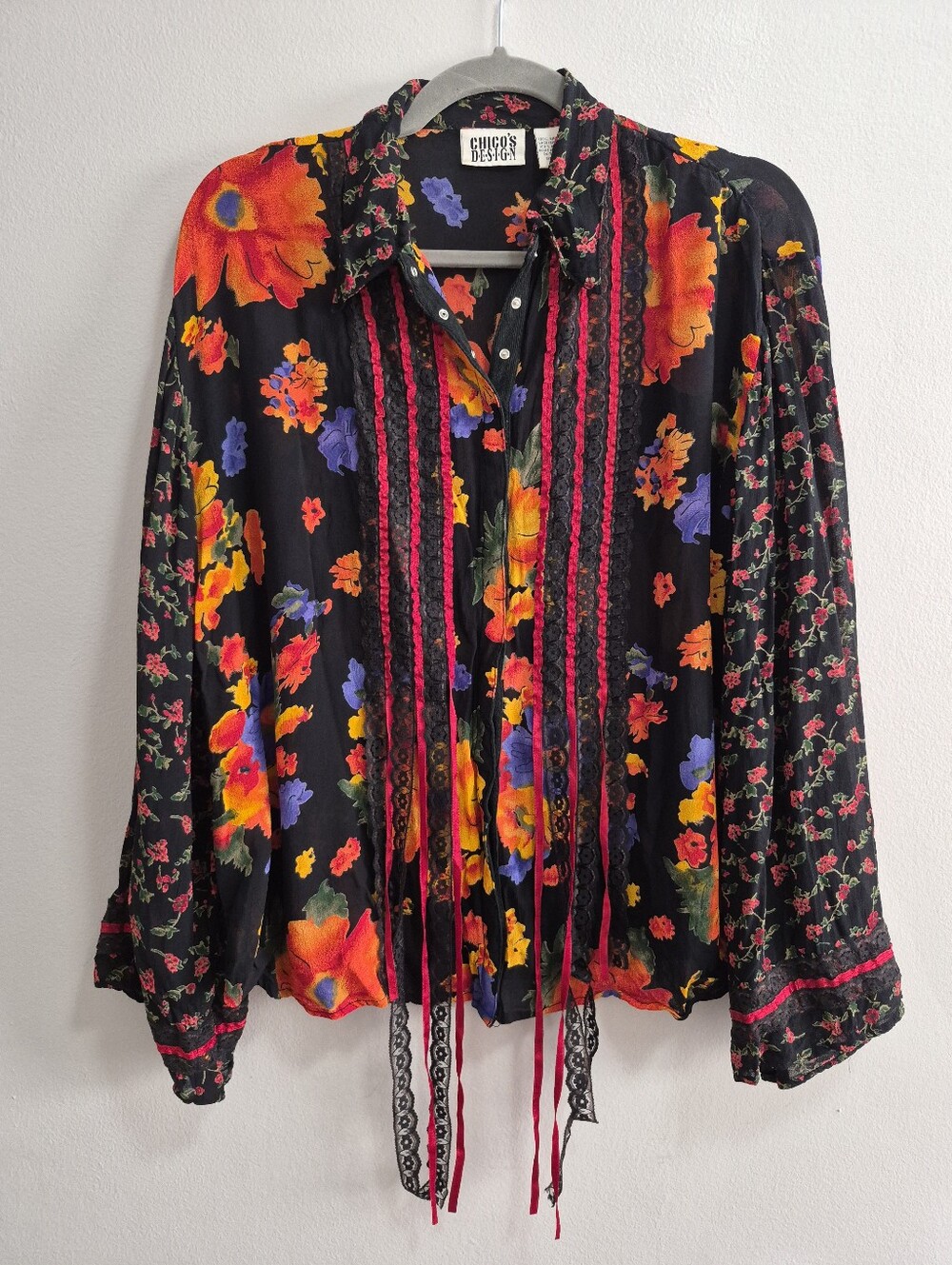 Chico's Design Vintage Floral Ribbon Lace Shirt Blouse Size 1 / Medium